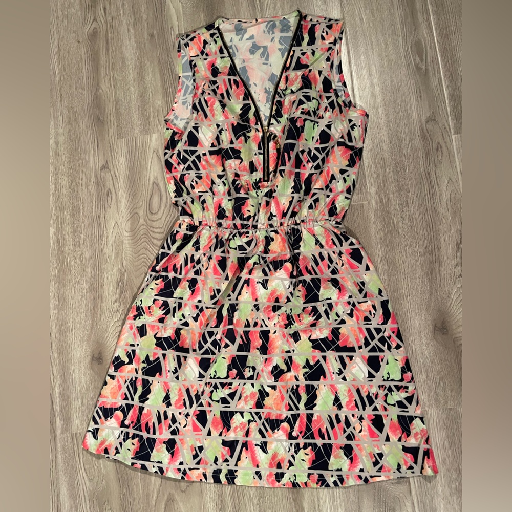 Multi-vibrant colour summer dress with front zipper and same material-belt